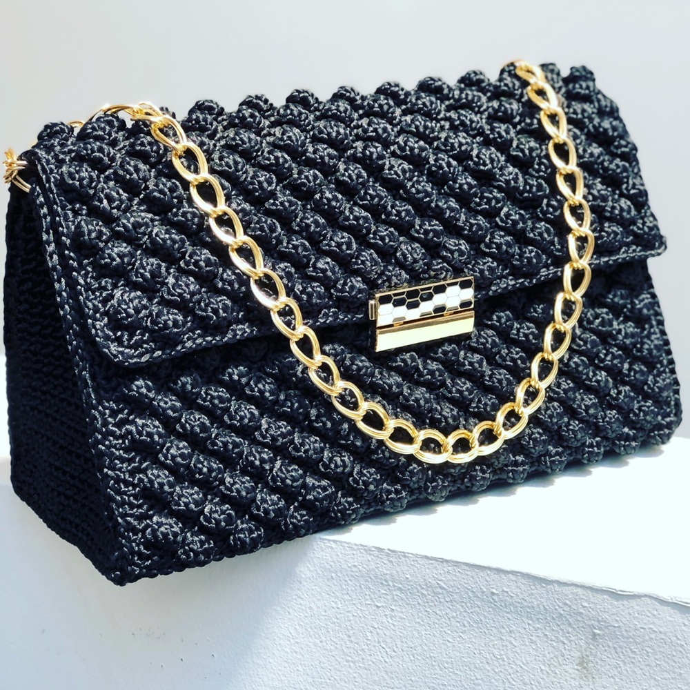 Chic Black Knit Shoulder Bag with Gold Chain Handmade